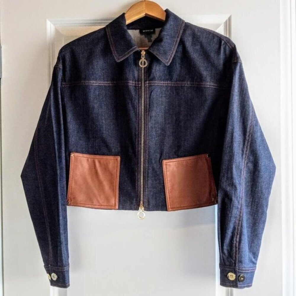 Worth Blue Denim Camel Leather Pocket Zip Jacket